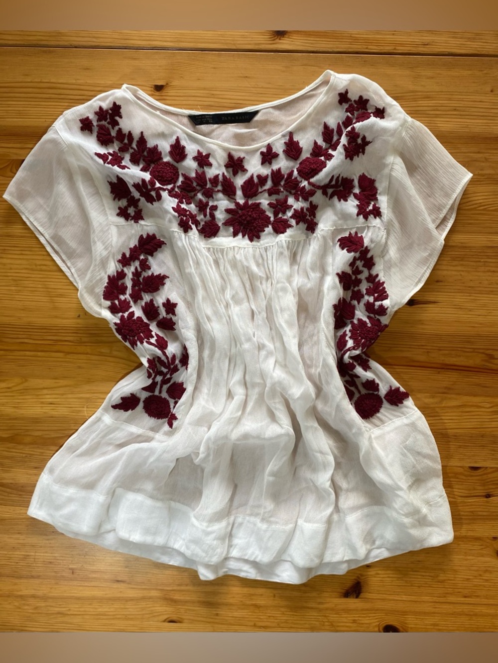 Zara Embroidered Floral Bohemian Cotton Peasant Blouse Size Medium - Picture 6 of 8